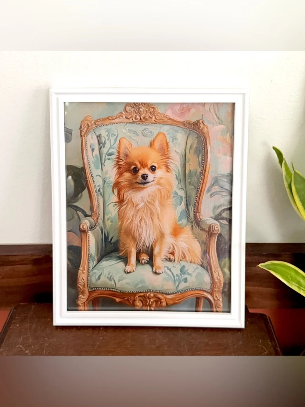 Fancy Pomeranian Dog Portrait Regal Chair Pastels Canvas Art Print White Framed
